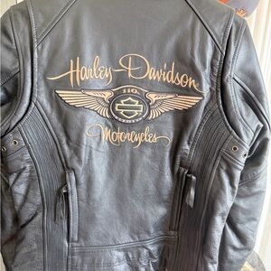 110th Anniversary Harley-Davidson Women's Black Leather Jacket with Gold Logo